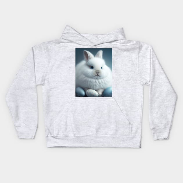 Cute White Fluffy Bunny with Blue Eyes and Easter Eggs Kids Hoodie by mw1designsart
